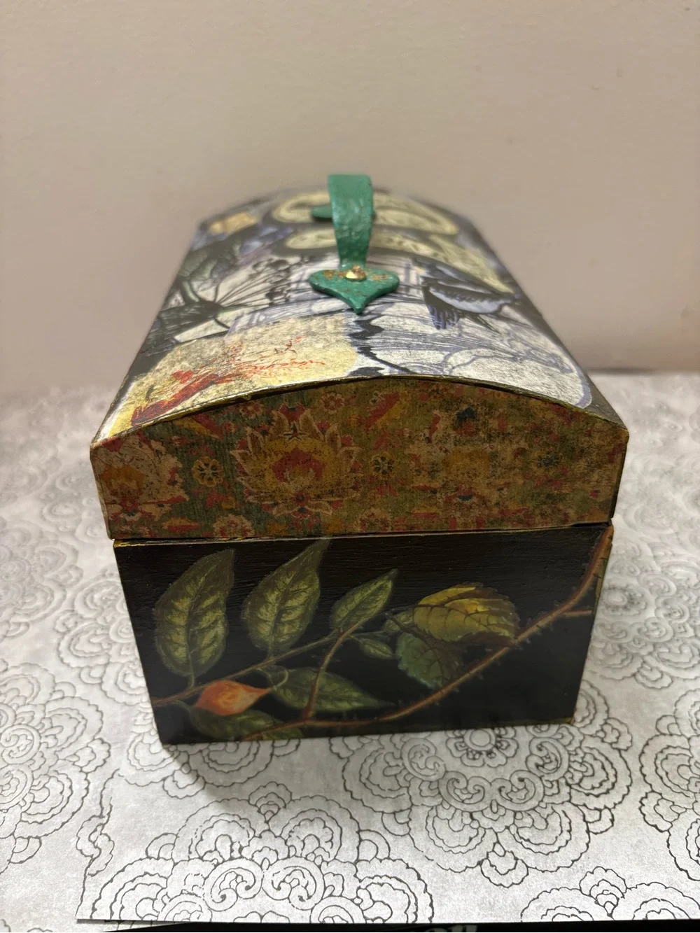 Floral Decoupage Decorative Storage Box with Green Handle